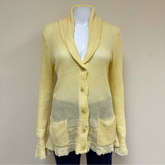 Lauren Ralph Lauren 100% Linen Lace Crochet Knit Shawl Collar Cardigan Sweater M
